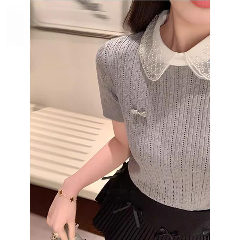 Áo Len Dệt Kim ngắn Tay Áo, Phong Cách Hàn Quốc, Thiết Kế Chắp Vá Mùa Hè, Dành Cho Nữ, Dáng Ôm, Mỏng, Áo Len Dệt Kim Women Voi Top Khuy 4