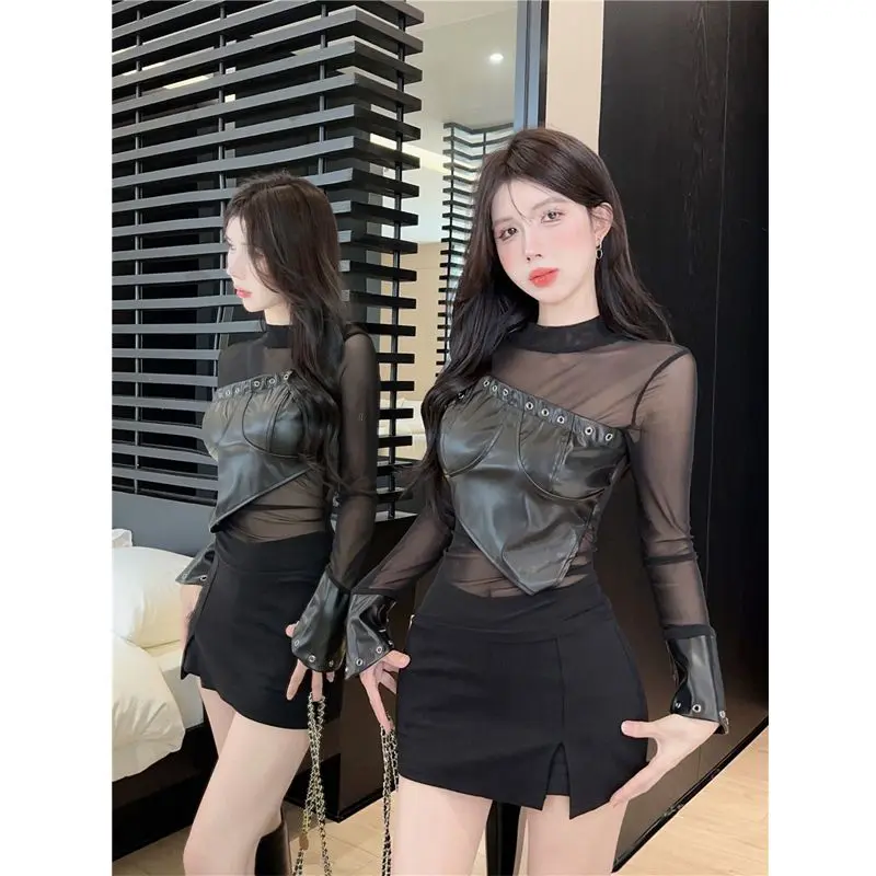 Áo Thun Dài Tay, Da PU khoét Gợi Cảm, Khâu, Áo Lót, Thiết Kế Đáng Kinh Ngạc Và Đẹp, Thích Hợp Cho Mùa Xuân Và Mùa Thu, Hàng Mới Về Năm 2024