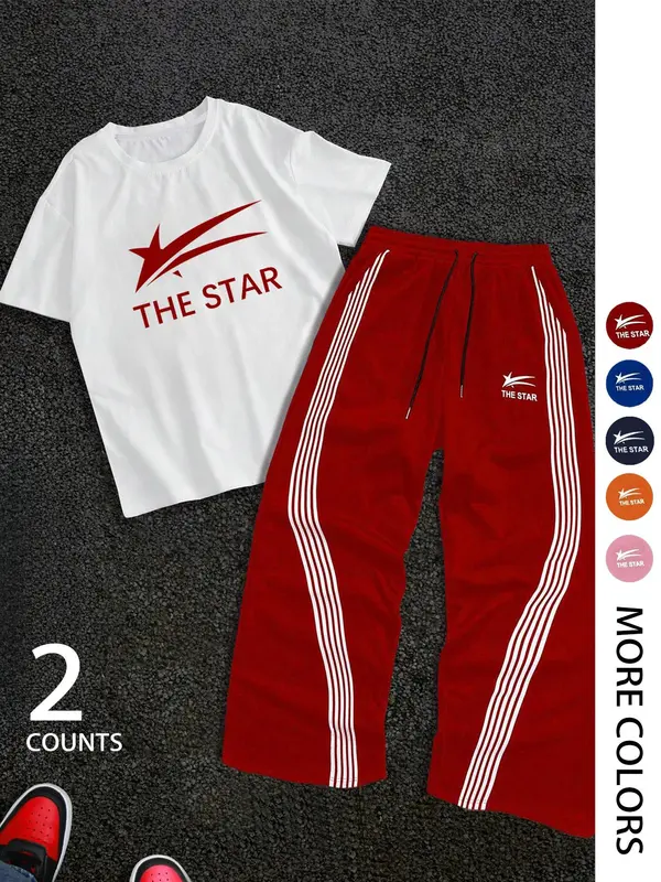 Two-Piece Set Men's Letter Print Short Sleeve Tee & Tracksuit Legging Set, Regular Fit Round Neck T-shirt & Striped Print Pants, Casual Fashion Breathable Men Two-piece for Gym Workout Running 1