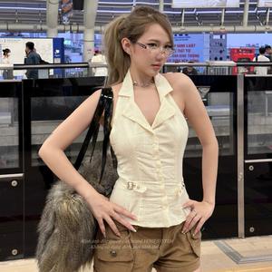 [YENG SYSTEM] Áo sơ mi cổ yếm hở lưng “ KITTY “, áo yếm hở lưng màu kem và màu xanh rêu dành cho nữ