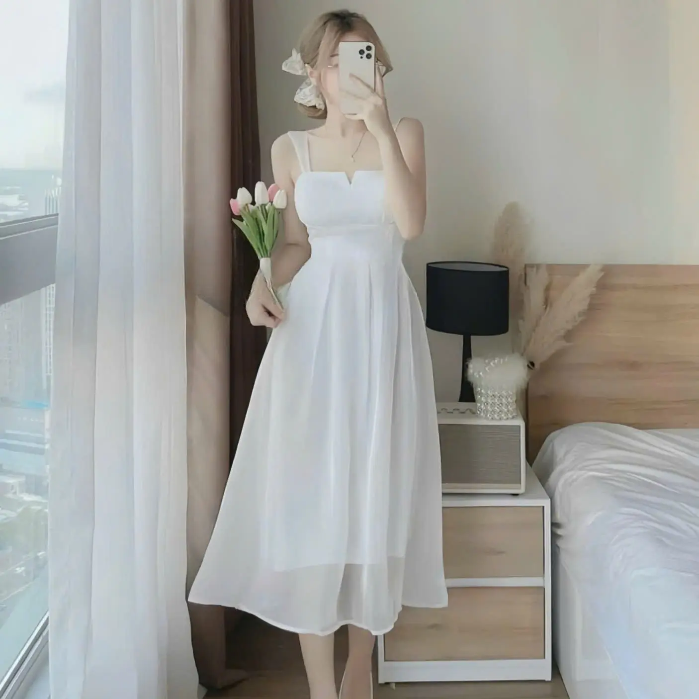Đầm Voan Chinfon 2 Dây Chẻ Ngực