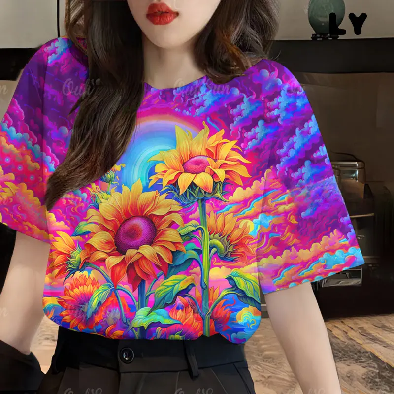 Comfortable floral printed fashionable Rainbow printed T-shirt advanced printed 85474