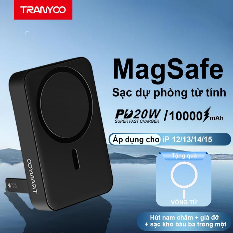 TRANYOO Sạc Dự Phòng 10000mAh F25 Sạc Không Dây Magsafe Cho iP 12, 13, 14, 15, 16 Pro/ Promax, Hỗ Trợ Cáp Sạc PD20W Hấp Thụ Từ Tính Có Chân Đế Phụ Kiện Sạc Pin sạcdựphòng magsafe