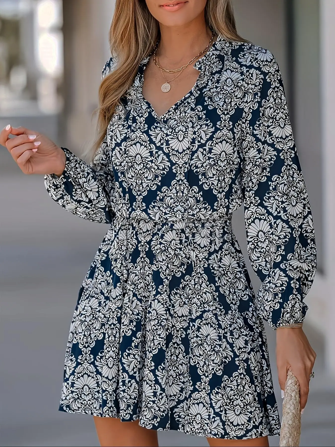 Women's Ethnic Pattern Bishop Sleeve Tie Neck A Line Dress, Boho Fashion Long Sleeve Short Dress for Spring & Fall, Women's Clothing for Daily Wear
