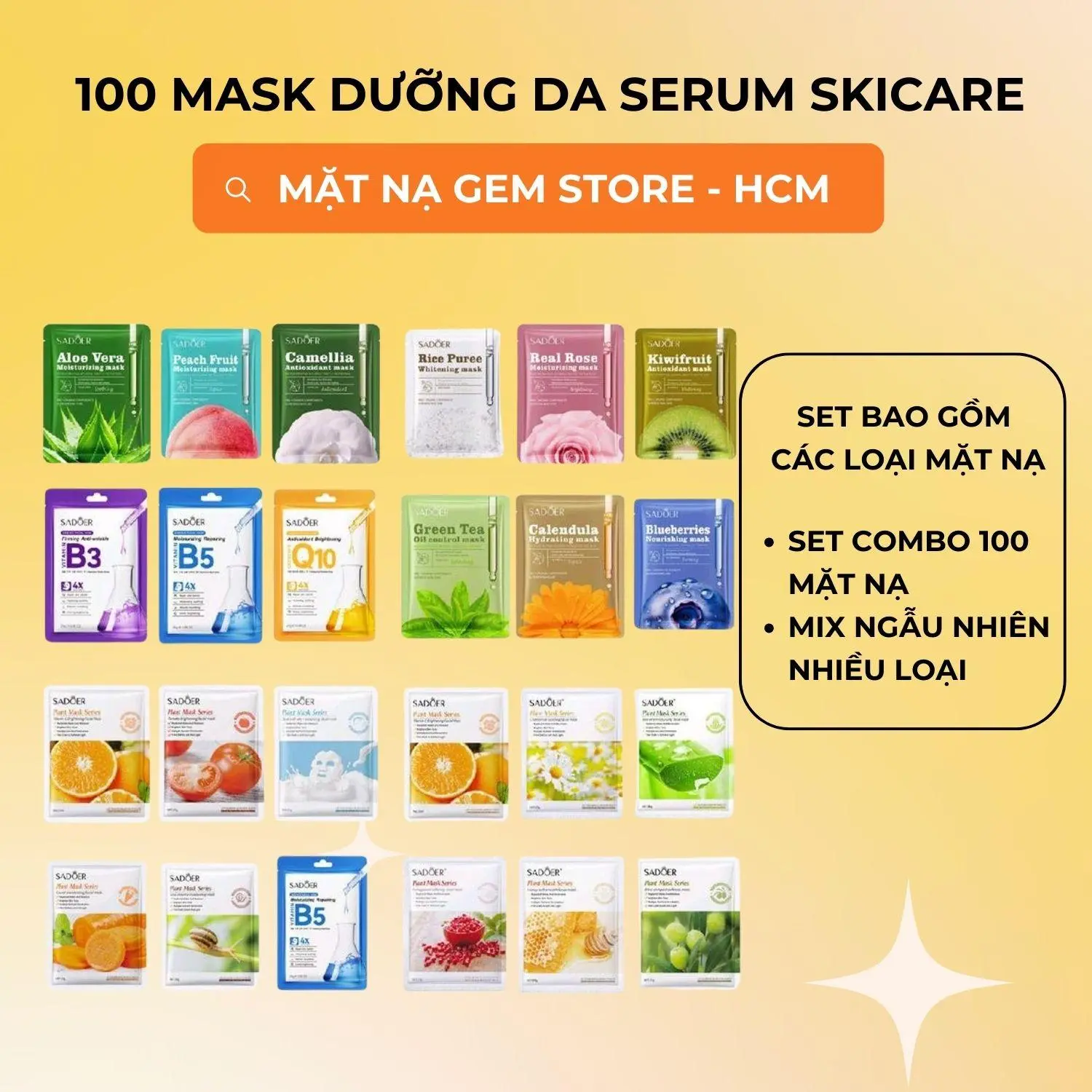 Combo 100 Miếng Mặt Nạ tinh chất B5, BHA, Vita.minC. HA giúp cung cấp độ ẩm và cấp nước cho da Skincare Cosmetics Dưỡng Ẩm Da Làm Đẹp Da