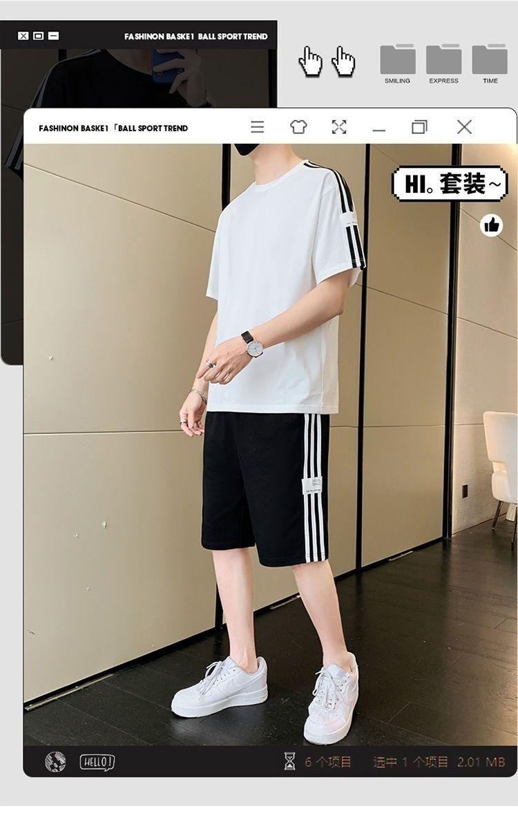 Product Introduction of Summer Men's Fashion Set Trendy Full Set Casual Loose Stylish Shorts Set One Complete Set with Three Stripes Sports 2