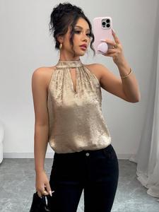 Blusa de verano para mujer, nueva y elegante, con cuello halter sin mangas; camisa lisa ajustada; top casual estiloso para mujeres
