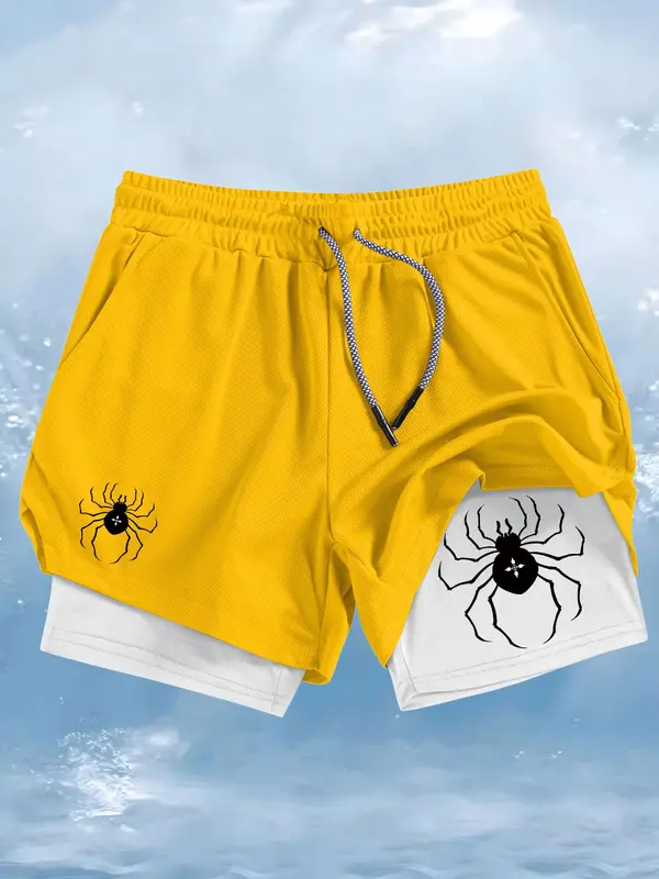Men's Spider Print 2 in 1 Drawstring Waist Sporty Shorts, Casual Sporty Regular Fit Quick Drying Breathable Bottoms, Men Sports Clothes for Gym Workout Running, Athletic Shorts 8