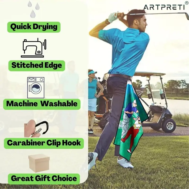 Cartoon Man Pattern Golf Towel, Funny Golf Towel with Carabiner Clip, Practical Golf Accessories for Men & Women 4
