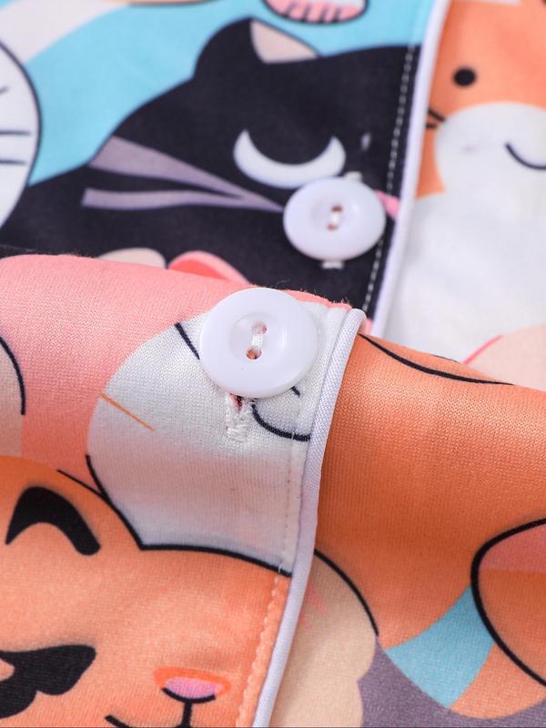 Girl's Cartoon Cat Print Lapel Neck Shirt & Shorts Two-piece Pajamas Set, Cute Casual Short Sleeve Top & Shorts, Kids Sleepwear for All Seasons 8