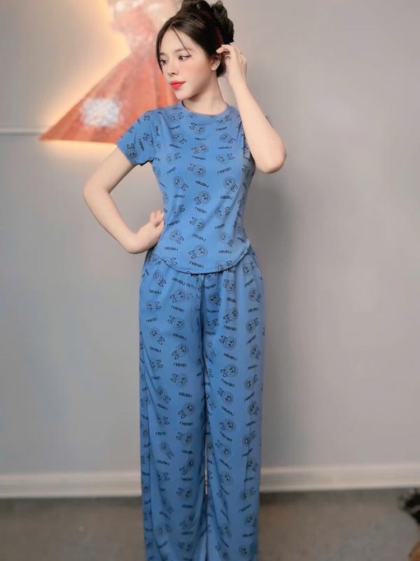 B-52 Set đồ bộ áo thun tăm lạnh vạt bầu, phối quần ống suông hoạ tiết đơn giản cho nữ - Women Top