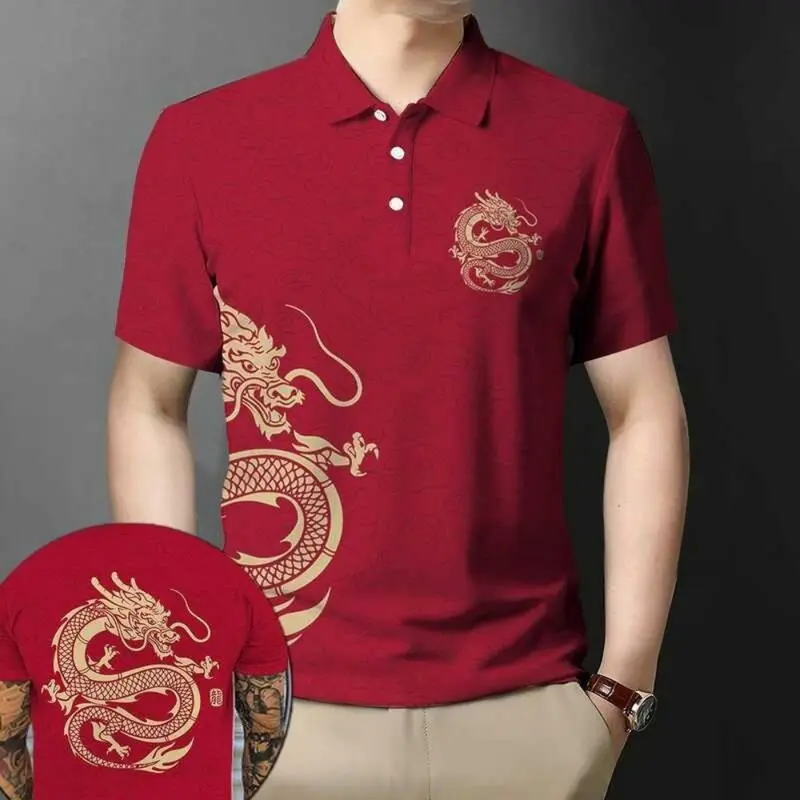 Áo Thun Nam, Phong Cách Hàn Quốc, Thể Thao Ngoài Trời, In 3D, Họa Tiết Rồng, Màu Đỏ, Áo Ngắn Tay, Thích Hợp Cho Quần Áo Ngày Lễ, Áo Polo Nam Thường Ngày Menswear Có Cổ Shirt 5