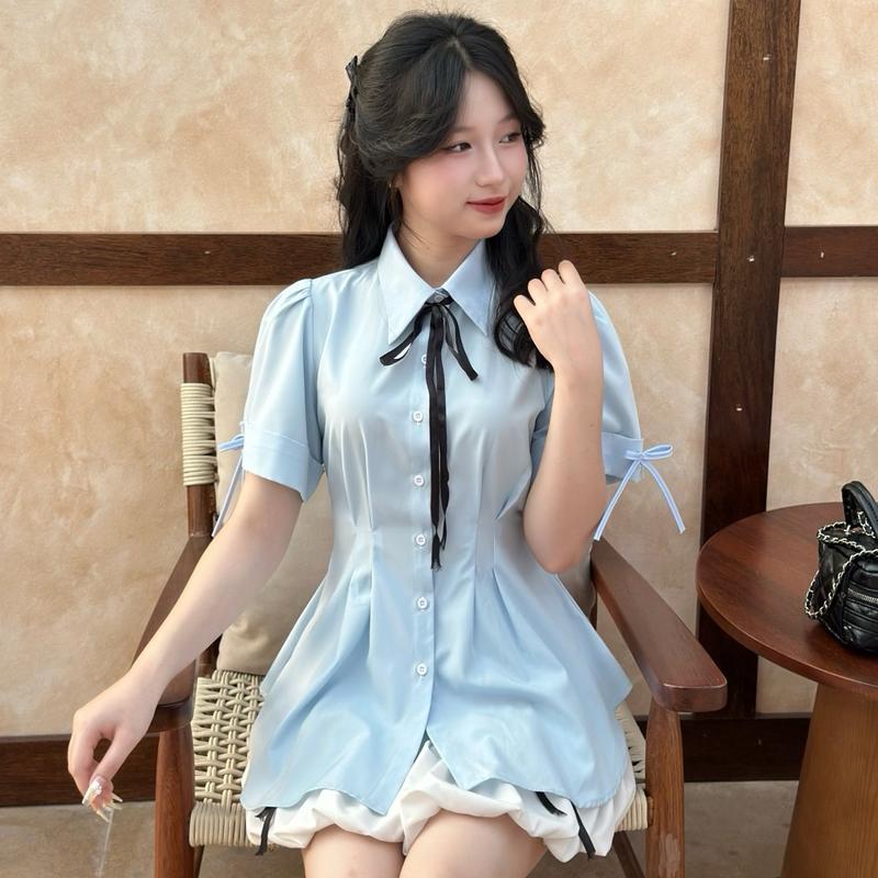 Áo Sơ Mi Tay Ngắn Nữ Chiết Eo Đính Nơ Thiết Kế - Chất Vải Thô Lụa Mềm Mát Thấm Hút Mồ Hôi - Women, Nữ (SƠ MI CỘC TAY )