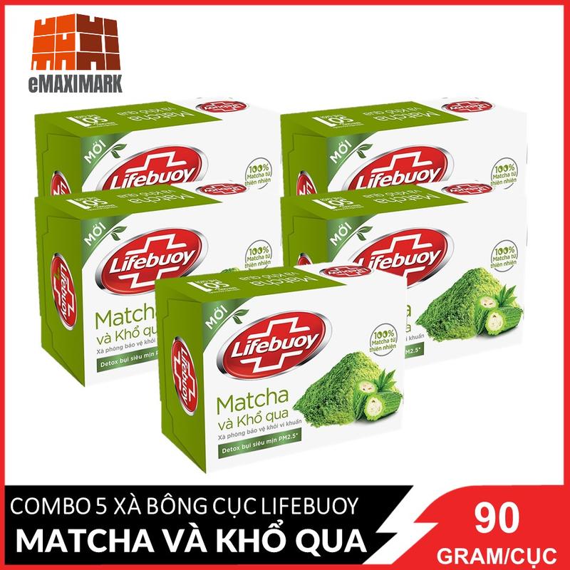 COMBO 5 Xà bông cục Lifebuoy Bảo vệ khỏi vi khuẩn Matcha và Khổ qua Xanh lá 90g X5