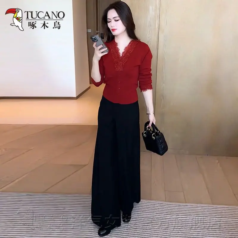 Bộ Đồ Thời Trang, Dành Cho Nữ, Mùa Thu Và Mùa Đông, Phong Cách Thanh Lịch Phương Tây, Mỏng Và Dễ Phối Đồ, Áo Lớp Nền, Quần Ống Rộng, Bộ Hai Mảnh, Bộ Sưu Tập Mới, Chim Gõ Kiến