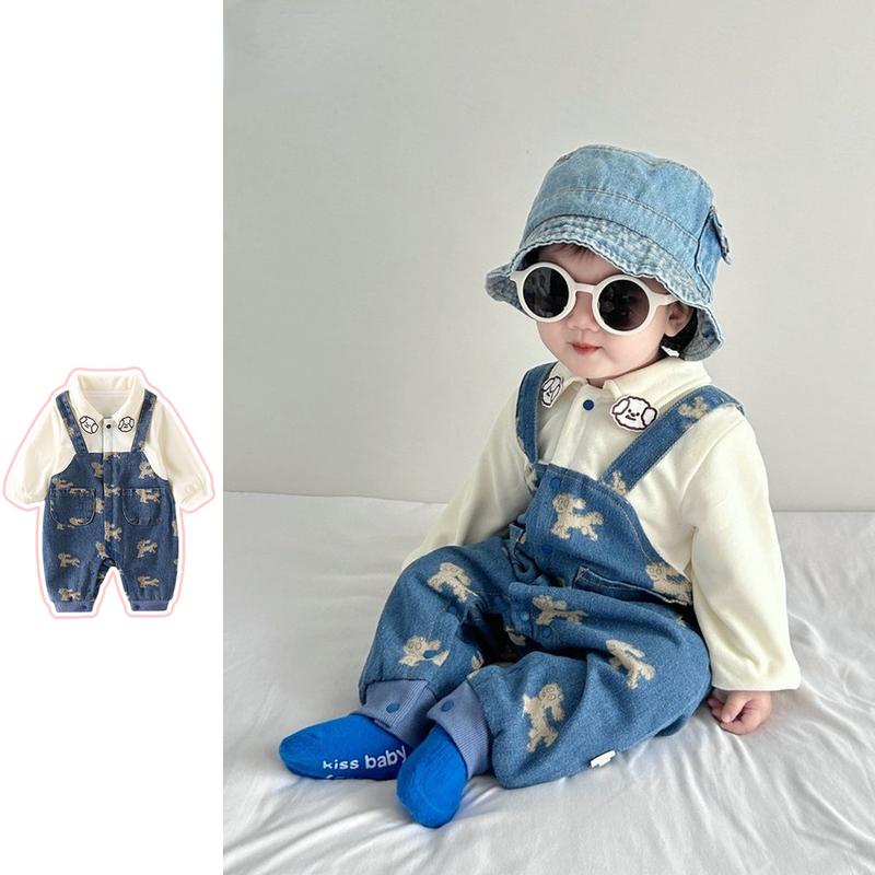 Quần Áo Trẻ Em, Hàng Mới Về Mùa Thu, Cho Bé Trai Và Bé Gái, Áo Liền Quần Dài Tay Hai Lớp, Phong Cách Hàn Quốc, Thiết Kế Cún chó Con Hoạt Hình Denim Siêu Đẹp Trai, Thích Hợp Cho 0-36 Tháng