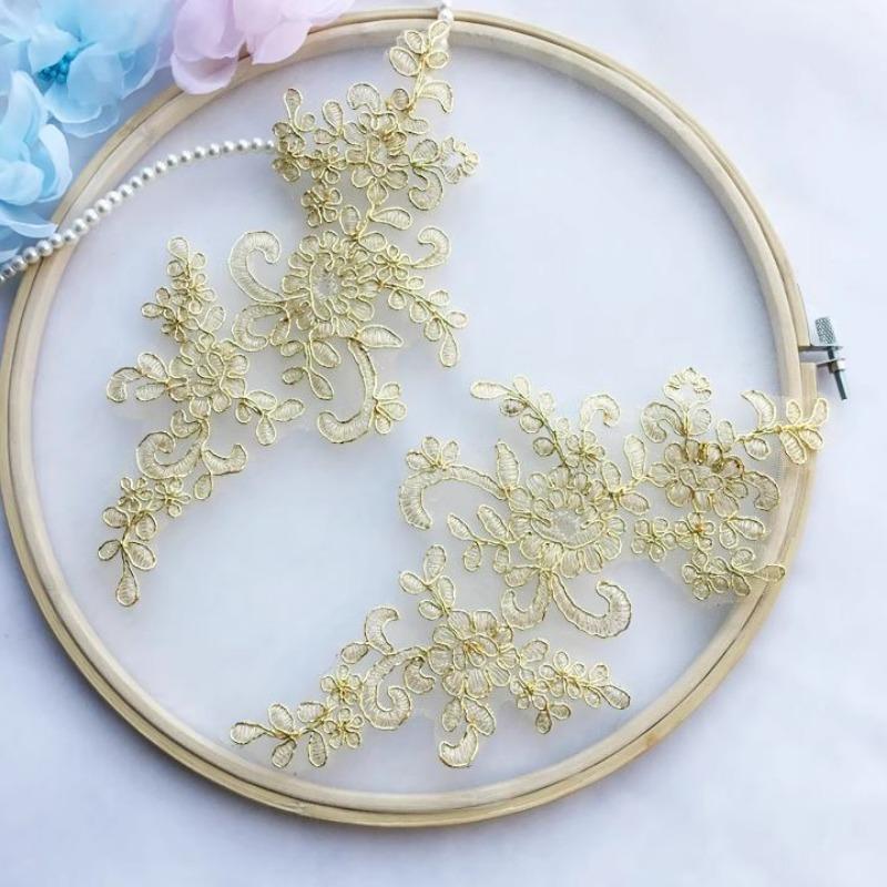 Product Introduction of Lace Flower Embroidery Patches, 2 Counts/set DIY Lace Flower Fabric Sticker, DIY Wedding Dress Headwear Accessories 4