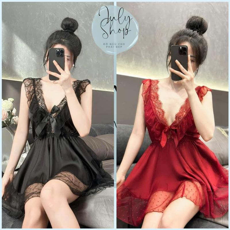 Đầm Ngủ Nữ, Váy Ngủ Nữ JULY Cánh Tiên Ren Phối Lưới Bi Dáng Ngắn Có Mút Đệm Lụa Latin Mát Mịn Freesie <55kg