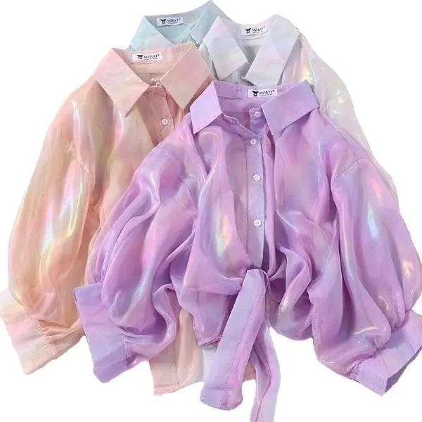 Aesthetich colourful simmer kemeja crop top // model baju ala korea Silk 2