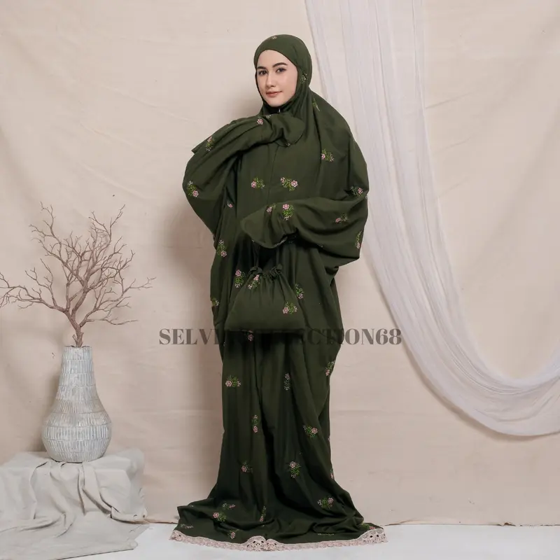 Mukena Terusan Dewasa Jumbo Bordir Bunga Melati 2in1 Katun Premium Panjang Cantik Lembut 4