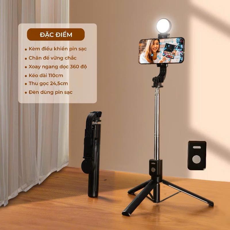 Gậy chụp hình Selfie B11s đa năng phụ kiện gồm đèn led trợ sáng nút remote bluetooth điều khiển chụp ảnh xa 10m 1