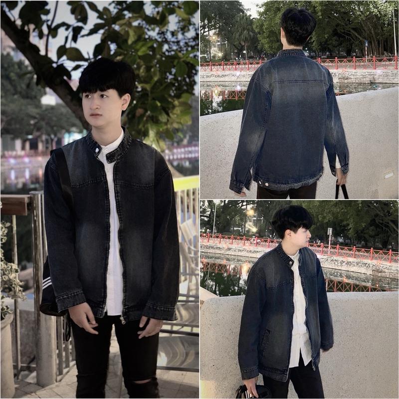 Áo Khoác Bò Cổ Tròn Khoá Giữa From Rộng Màu Xám Khói aokhoac nam