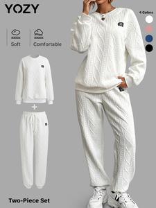 YOZY Two-Piece Set Women's Plain Jacquard Drop Shoulder Sweatshirt & Elastic Waist Pants Set, Casual Fashion Cozy Patched Round Neck Long Sleeve Top & Tie Front Pants, Valentine's Day Outfit