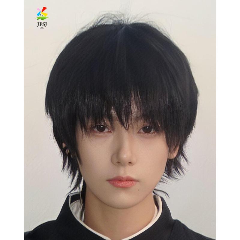 Wig Ekor Serigala untuk Pria, Kepala Mullet Gaya Jepang, Poni Sedikit Terbagi, Alat Peraga Foto Gaya Anime, Penutup Rambut Kepala Penuh Halus 5