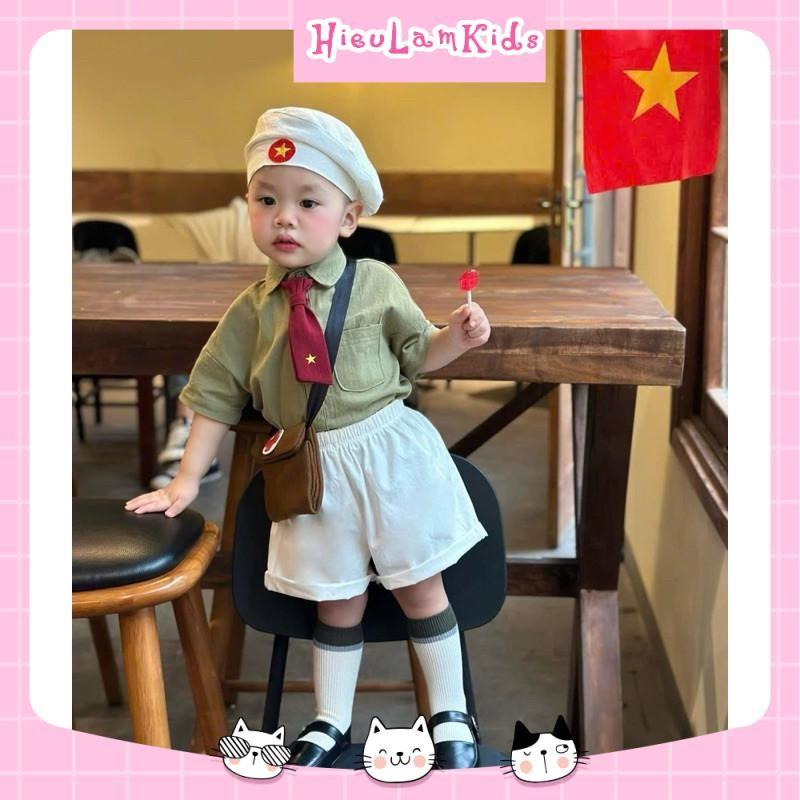 X32 - Bộ quần áo cho bé 4 món, Set áo sơ mi kèm cà vạt và mũ lá cờ đỏ sao vàng cho bé 0