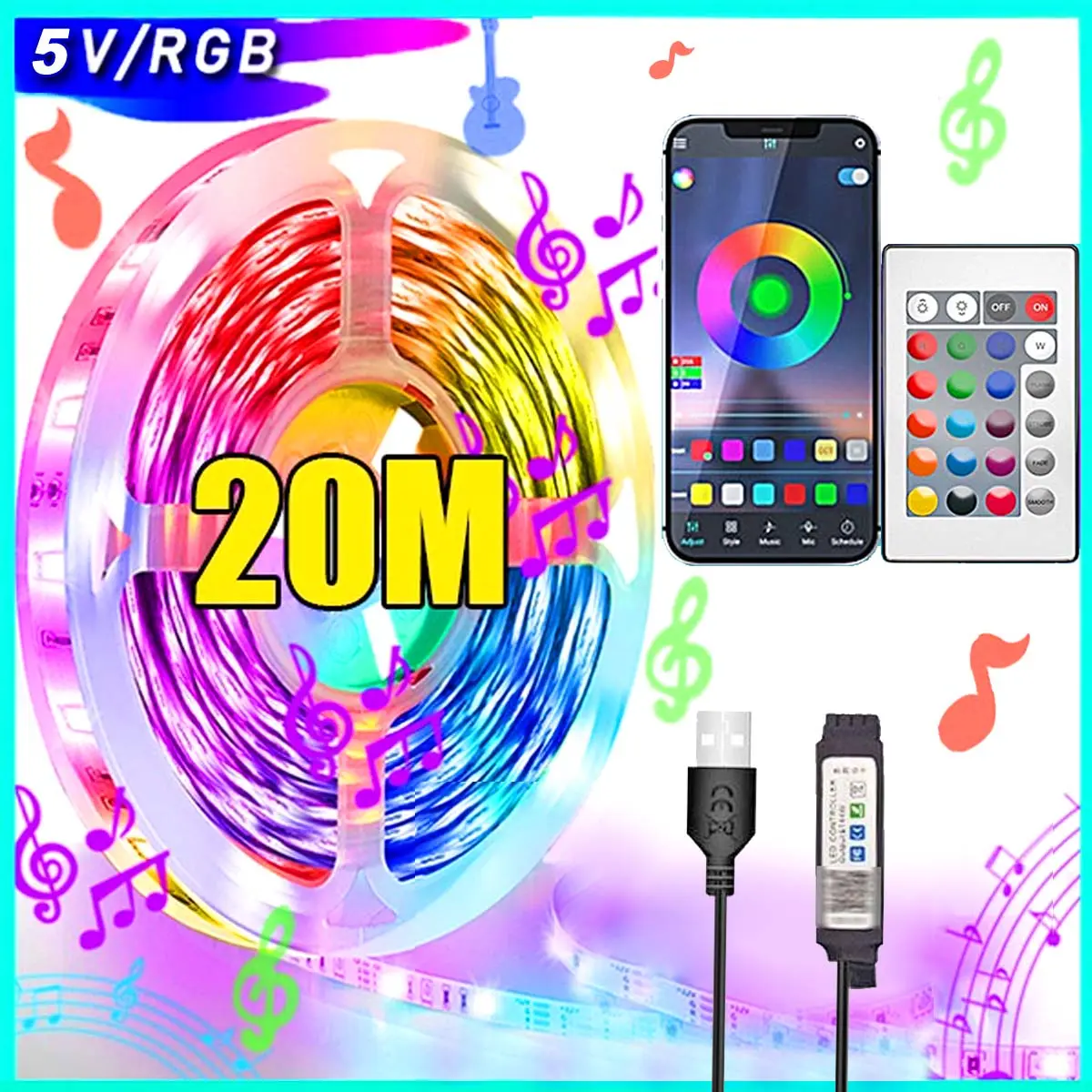 5-20M LED Strip 5050 Lampu Led USB LED Light Light Bluetooth DC 5V RGB Strip LED Lamp Ribbon Flexible Lights for Room Decoration TV BackLight Diode Tape for Home Lighting Room[80mA]