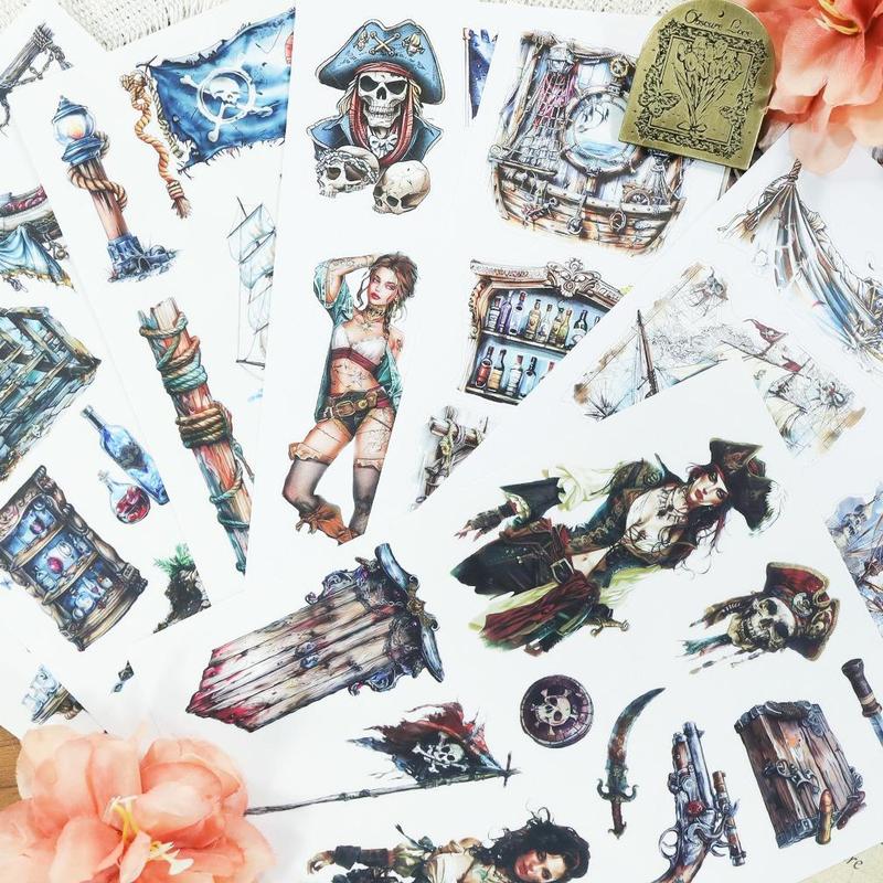 Vintage Pirate Girl Theme Sticker Book, 20 Sheets/book Scrapbooking & Journal Making Material Paper, DIY Decorative Sticker for Stationery Computer Water Bottle 5