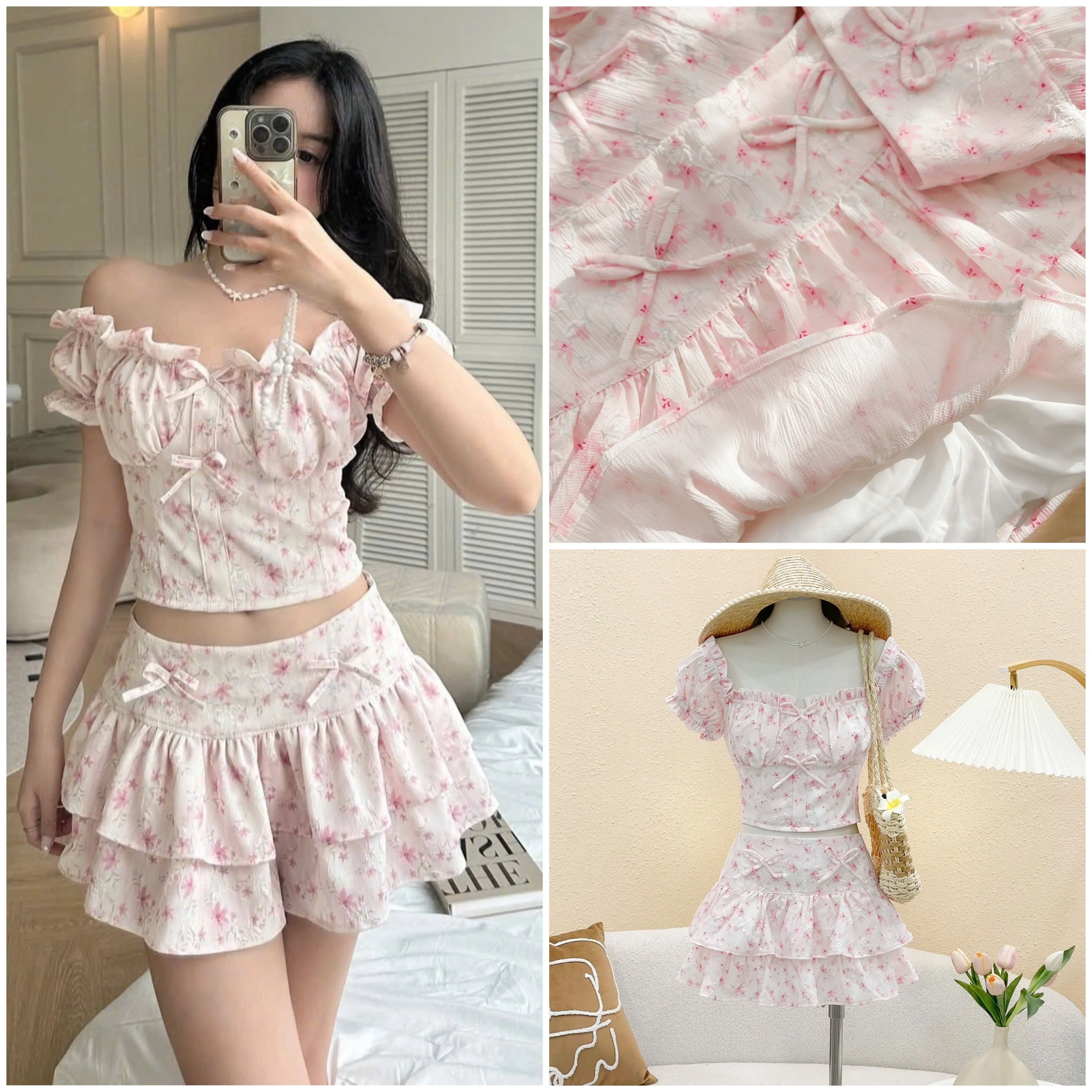(Hàng may loại 1) Set áo trễ vai nhún tay bồng đính nơ hoạ tiết hoa nhí mix chân váy xoè tầng chiết eo dễ thương