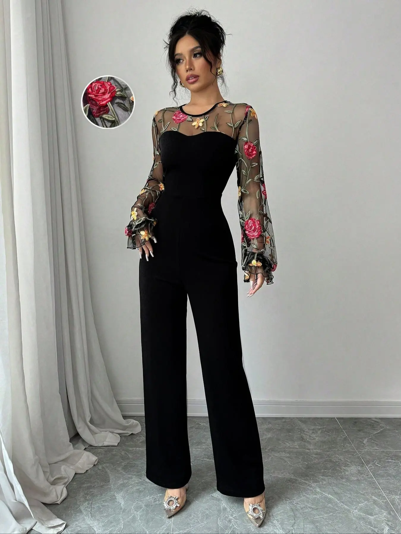 Women's Floral Embroidery Flare Leg Jumpsuit, Elegant Flounce Sleeve Jumpsuit for Party Holiday Vacation, Jumpsuit for Women, Ladies Spring & Fall Clothes