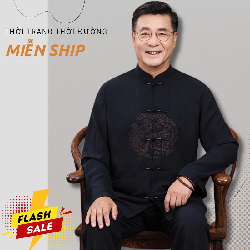 H5 Trang Phục Thời Đường Bộ Đồ Nam Dài Tay Trang Phục Cho Bố Rộng Rãi Thường Ngày Áo Sơ Mi Kiểu Trung Quốc Dành Cho Bố Có Cổ Shirt Menswear Polo