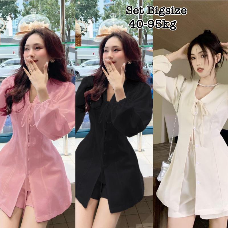 Thời Trang Bigsize - Set Áo Cột Dây Tay Dài Và Quần Bigsize có Bo Chun Thiết Kế Dự Tiệc Nữ Cao Cấp Xinh Đẹp Sang Trọng Dễ Thương Giá Rẻ đủ size 40-95kg Én Nhỏ Có Bigsize Top Cotton Set Áo Quần bigsize Tay Dài Đen Trắng - 2010