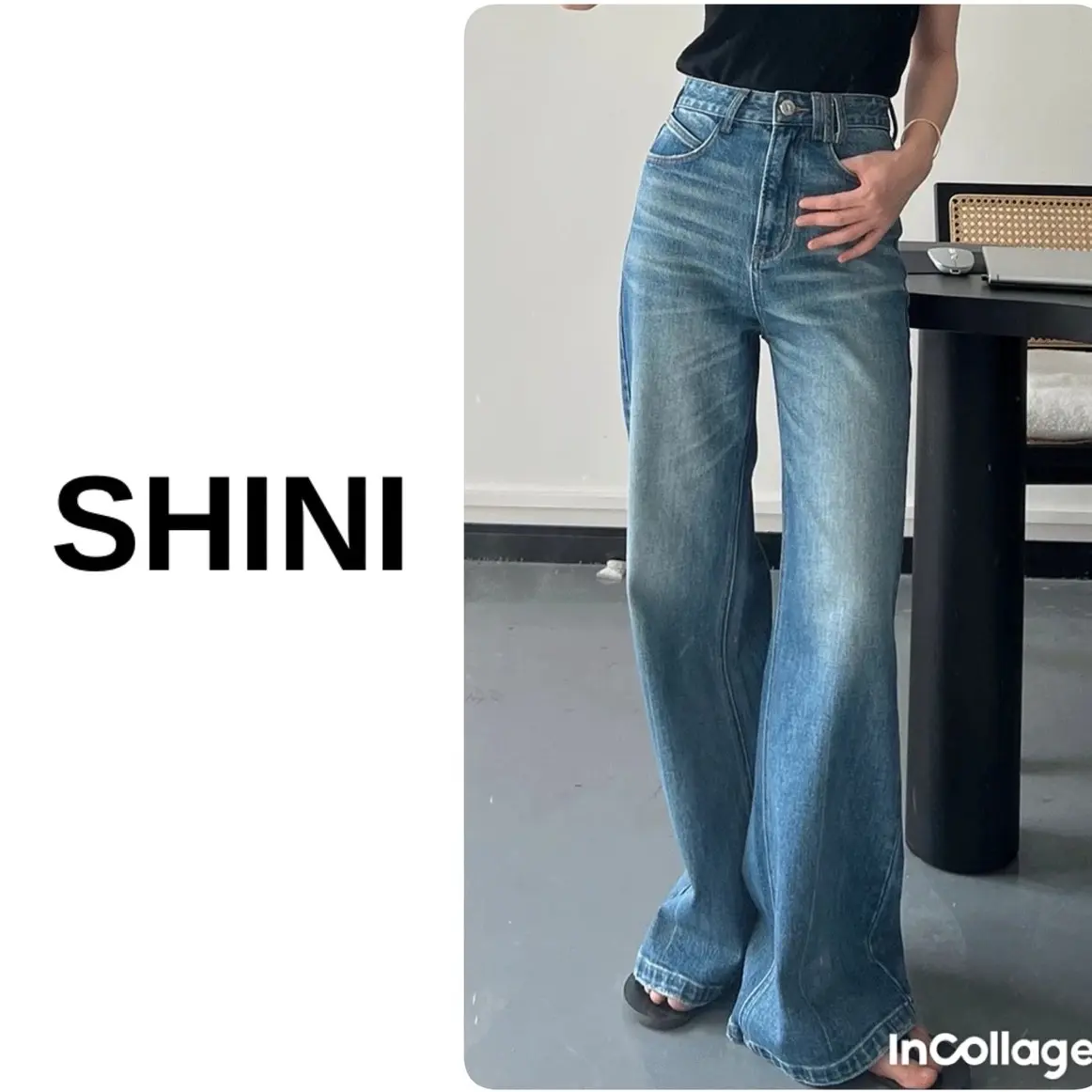 SHINI Jean xanh mềm lưng cao , Quần jean nữ lưng cao ống suông có wax nhẹ xanh nhạt tôn dáng tag bảng da SHINI