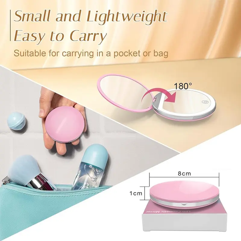 Round LED Makeup Mirror, Portable Foldable Cosmetic Mirror, USB Rechargeable Touch Adjustable Mirror for Travel Home Car 5