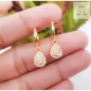 PERHIASAN WANITA ANTING GANTUNG TITANIUM MOTIF OVAL FULL PERMATA CANTIK ANTI LUNTUR/KARAT MEWAH