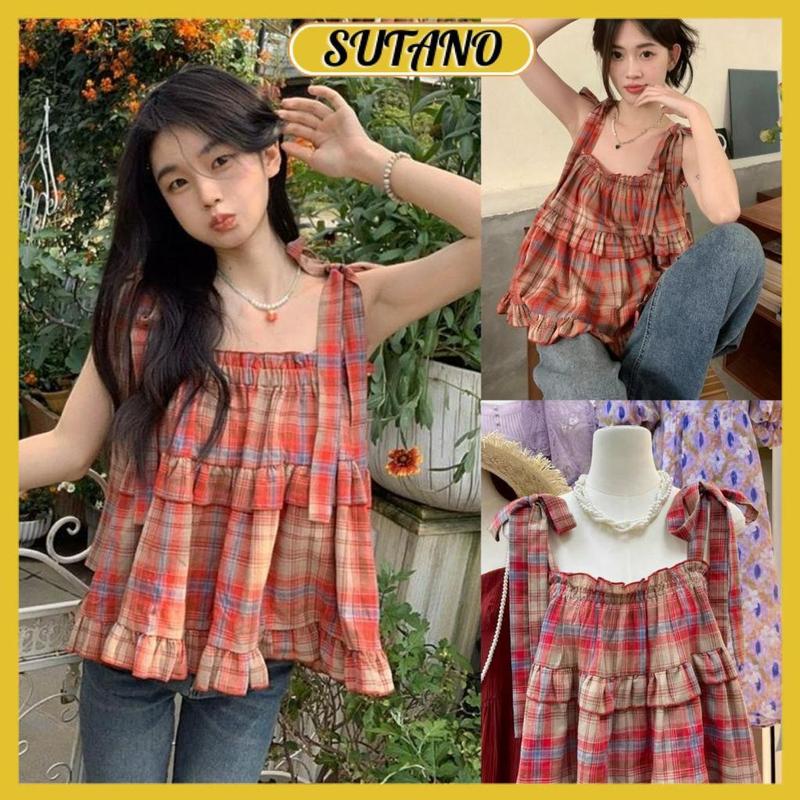 Áo babydoll hai dây kẻ caro áo 2 dây chun ngực thắt nơ vai viền bèo tầng tiểu thư A107 SUTANO