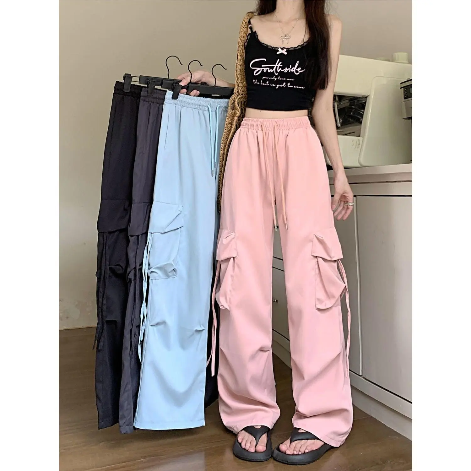 American Style Wide Leg Cargo Pants for Women 2025 Spring Summer New High Waist Draped Parachute Quick-Dry Casual Sports Long Pants