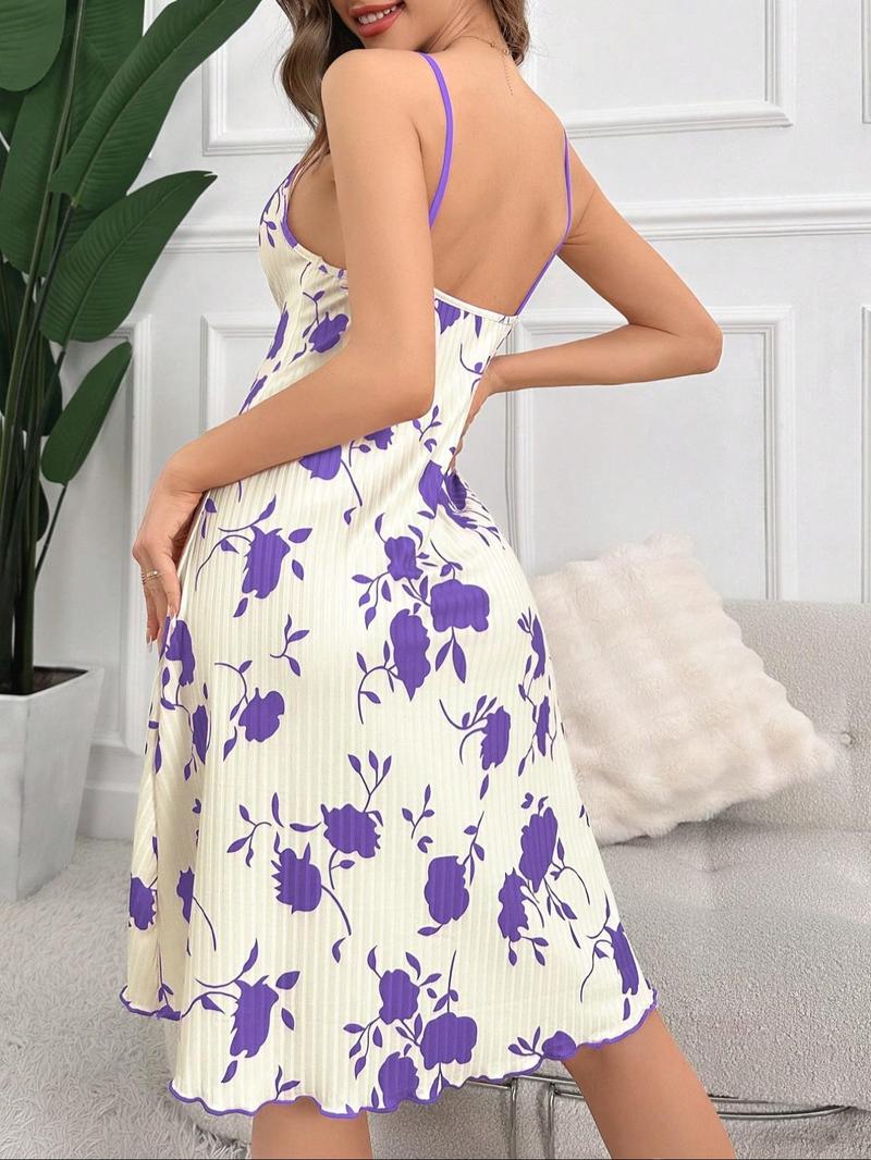 Product Introduction of Women's Floral Print Cami Nightdress, Casual Soft Comfortable Spaghetti Strap Nightgown for Summer, Fashion Ladies' Sleepwear for Daily Wear 8