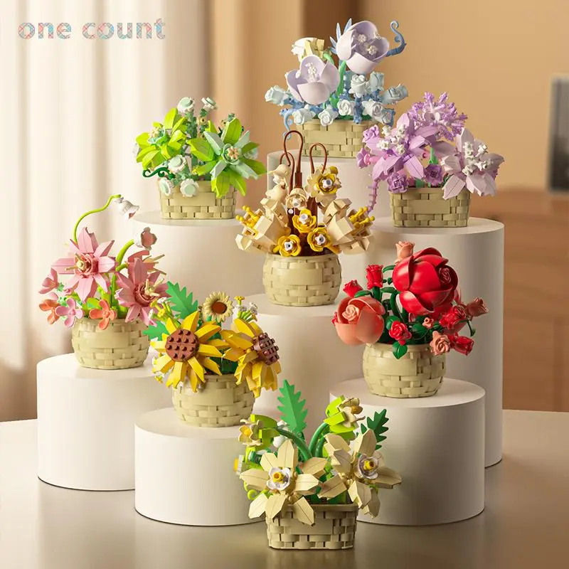 Artificial Flower Building Blocks, 1 Count Creative Flower Building Blocks, DIY Creative Puzzle Building Blocks, Home Decoration Ornaments, Gift for Her, Men's Gift