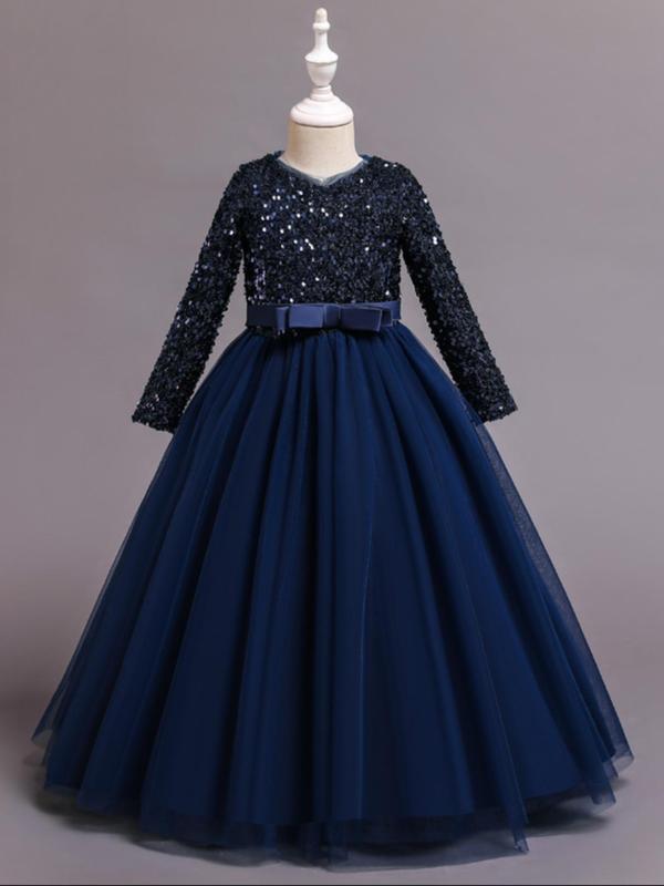 Girl's Long Sleeve V Neck Sequin Dress, Bow Front Fit & Flare Party Dress For Formal Occasions, Kids Clothes, Fashion Girl's Ball Gown For Spring & Fall 3