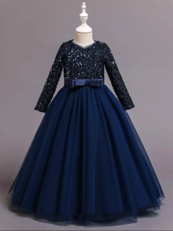 Girl's Long Sleeve V Neck Sequin Dress, Bow Front Fit & Flare Party Dress For Formal Occasions, Kids Clothes, Fashion Girl's Ball Gown For Spring & Fall 2