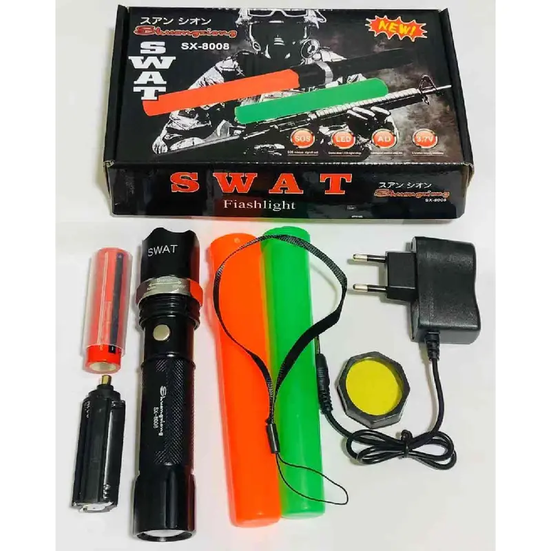 Senter Swat Police Led Flashlight 8008 Baterai Charger lampu Hijau Kuning 0