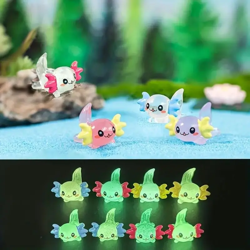 Random Color Luminous Mini Resin Axolotl, 8 Counts Cute Cartoon Glow in The Dark Miniature Figurine, Fun Tiny Animal Ornament for DIY Craft Garden Fairy Landscape Pastel Potted Plants Decoration 4