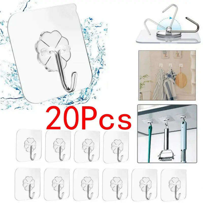 Cangkuk Pintu, Cangkuk Dinding Pelekat, Lutsinar, Anti-gelincir, Tanpa Jejak, Tugas Berat, Melekat pada Cangkuk, Tersedia dalam 5 / 10 / 20 Pcs, Sesuai untuk Bilik Mandi dan Dapur, Pelekat Dinding