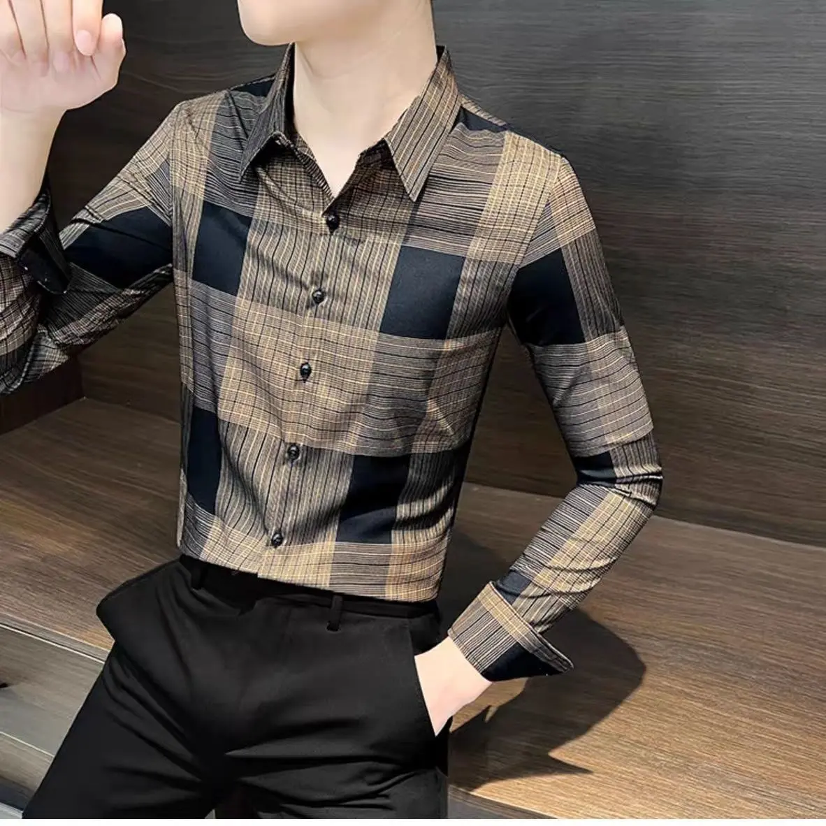 Áo Sơ Mi Kẻ Sọc Nam, Hàng Mới Về Mùa Thu, Áo Sơ Mi Dài Tay Cao Cấp Thường Ngày Phong Cách Hợp Xu hướng Ruoshuai, Ôm Sát, Quần Áo Nam