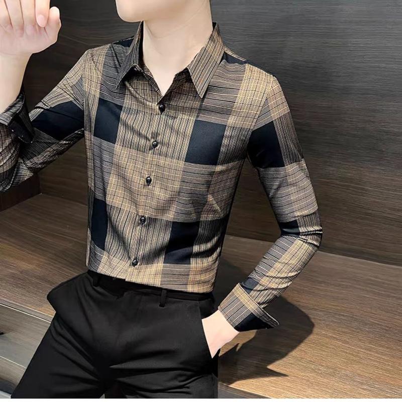 Áo Sơ Mi Kẻ Sọc Nam, Hàng Mới Về Mùa Thu, Áo Sơ Mi Dài Tay Cao Cấp Thường Ngày Phong Cách Hợp Xu hướng Ruoshuai, Ôm Sát, Quần Áo Nam 7