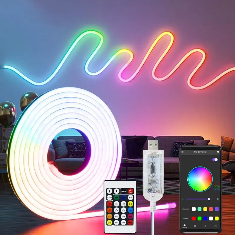 RGBIC Neon Light Strip, 9.84FT USB 5V Magic Sound Control Neon Rope Light, Flexible LED Light Strip Suitable for Living Room Bedroom, Party Decoration